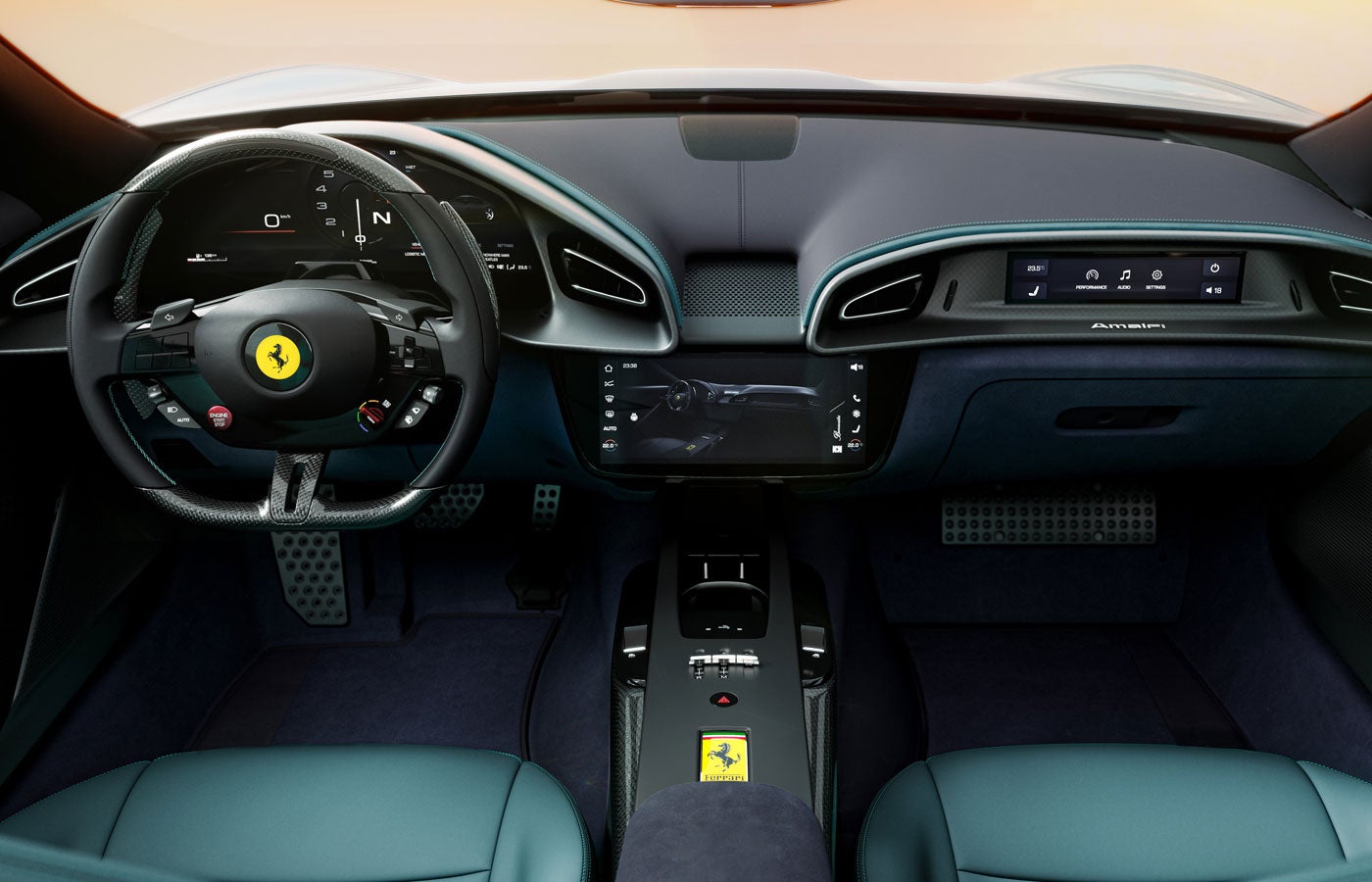 The dark-blue interior of a Ferrari, showing the steering wheel, digital dashboard, and infotainment screens.