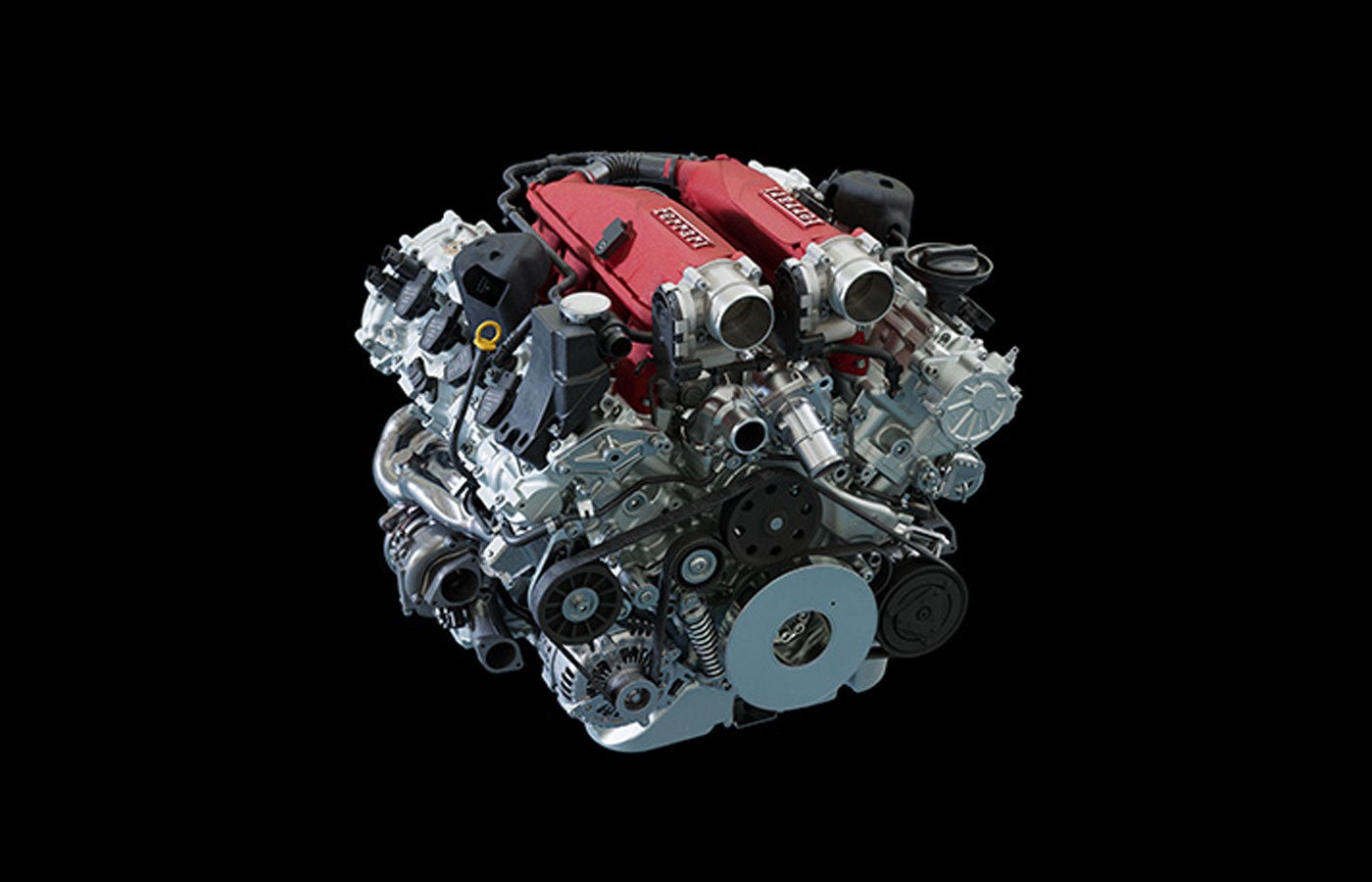 A detailed view of a car engine with red valve covers, exposed pulleys, and metallic components on a black background.