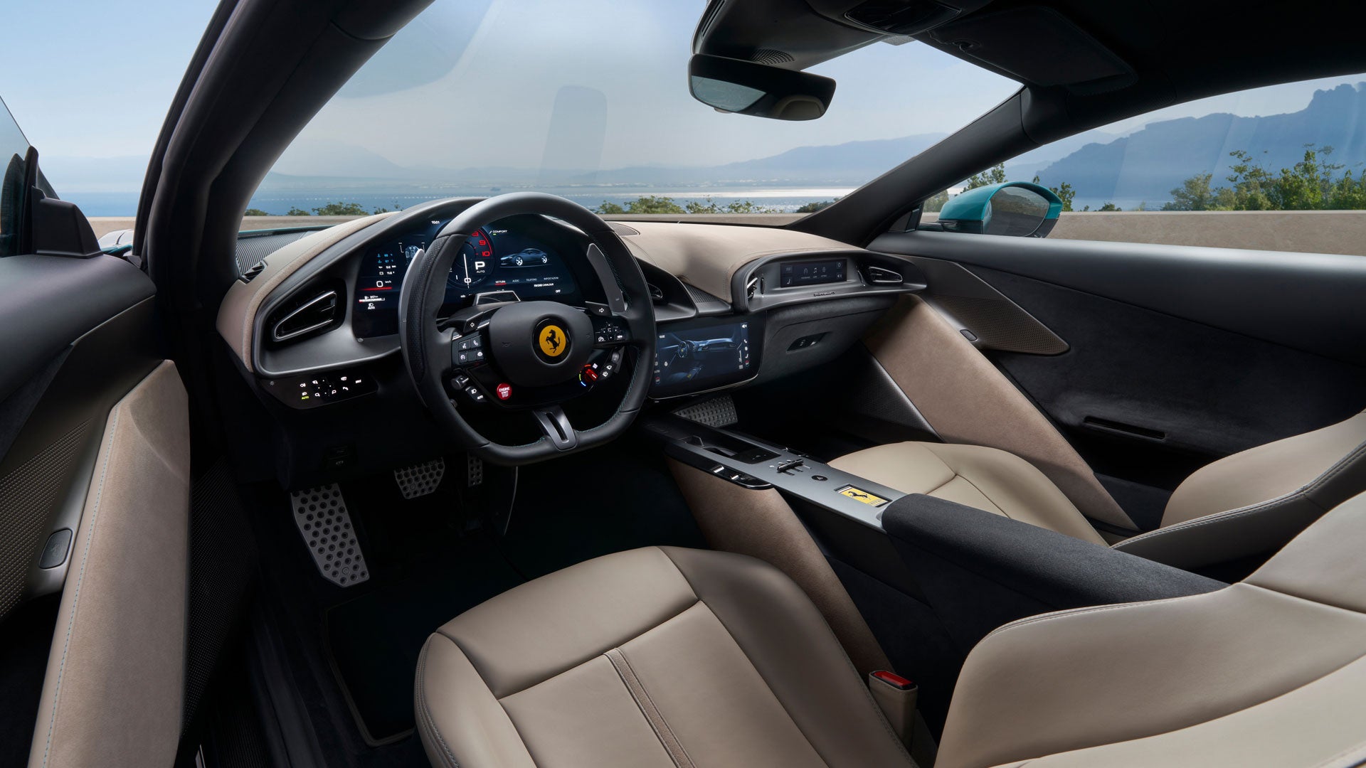 Interior of a Ferrari showing beige leather seats, black steering wheel with a yellow Ferrari logo, and digital screens.