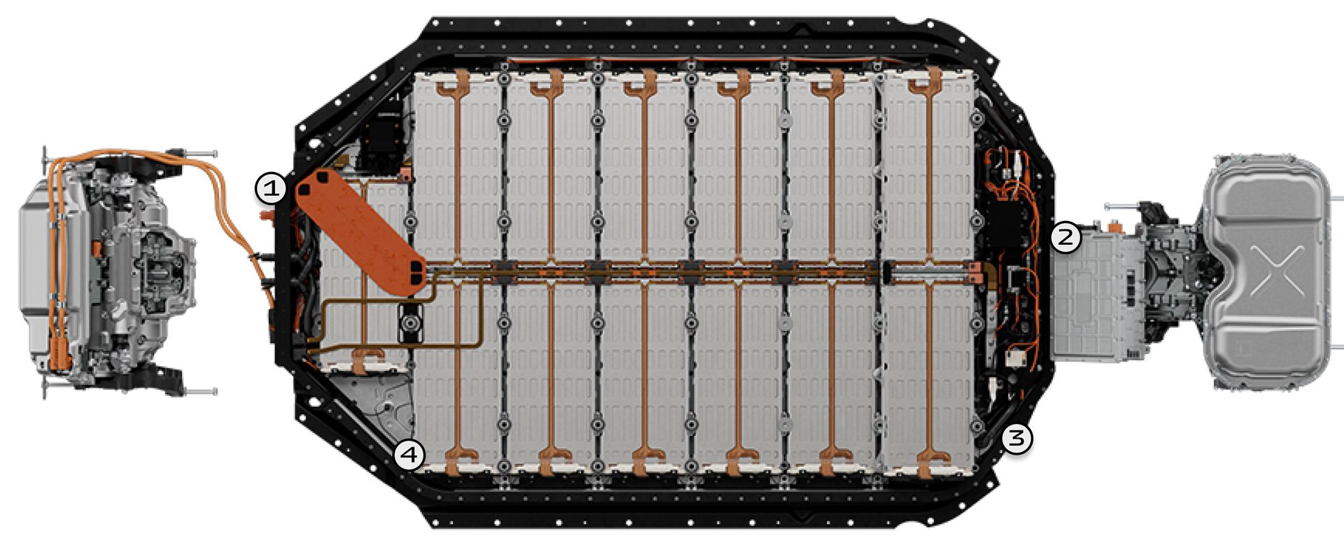 Overhead view of an electric car battery pack with 20 rectangular cells, connected to power components on either side.